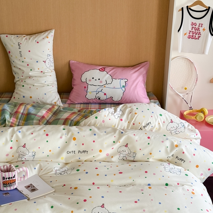 91家纺网 家纺一手货源 找家纺 时年 2024新款全棉数码大版趣味系列四件套 波点小狗