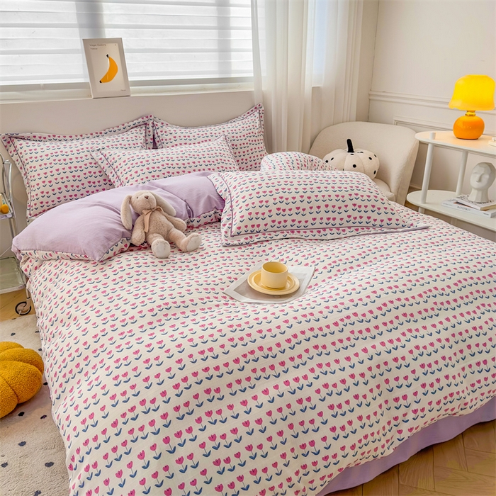 91家纺网 家纺一手货源 找家纺 雅慕家居 2024新款A类臻棉提花清新风四件套柔软亲肤 花满园