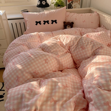 桃子家居 2024新款A类纯棉水洗棉毛巾绣蝴蝶结少女系列四件套 水洗棉-蝴蝶结粉粉+黄粉