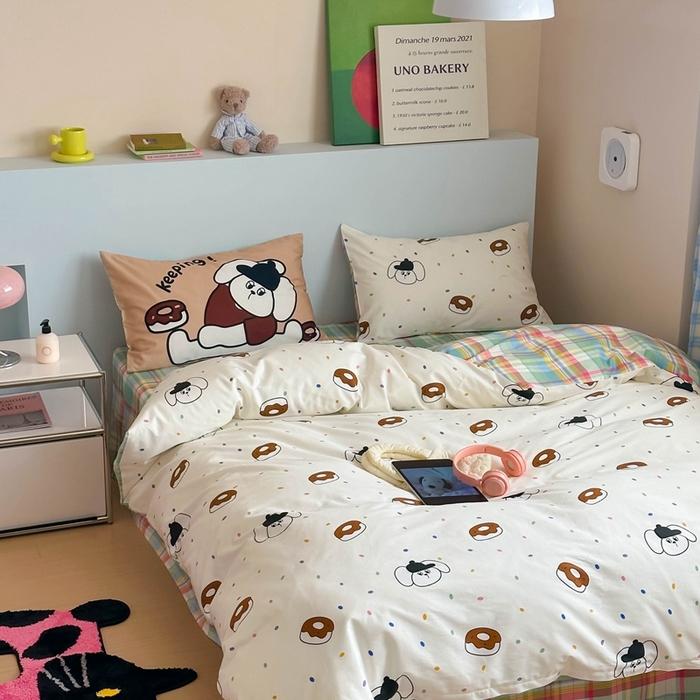 91家纺网 家纺一手货源 找家纺 时年 2024新款全棉数码大版趣味系列四件套 甜圈狗