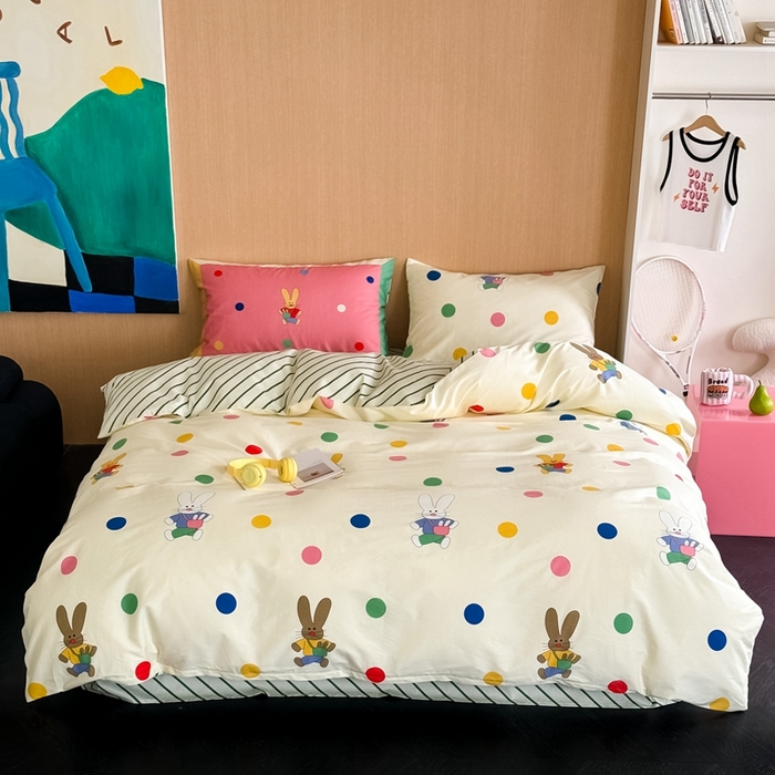 91家纺网 家纺一手货源 找家纺 时年 2024新款全棉数码大版趣味系列四件套 波点兔