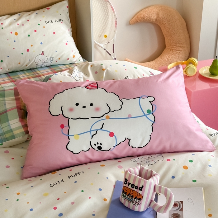 91家纺网 家纺一手货源 找家纺 时年 2024新款全棉数码大版趣味系列四件套 波点小狗