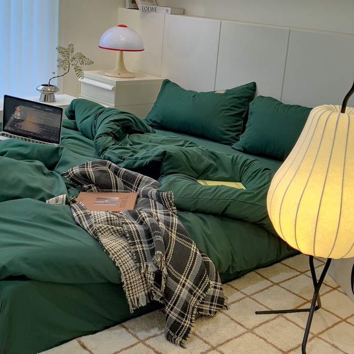 91家纺网 家纺一手货源 找家纺 蓝淋 2024新春款日式简约婴儿可以啃咬的超柔混搭水洗棉四件套 墨绿