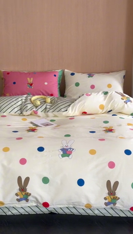 91家纺网 家纺一手货源 找家纺 时年 2024新款全棉数码大版趣味系列四件套 波点兔