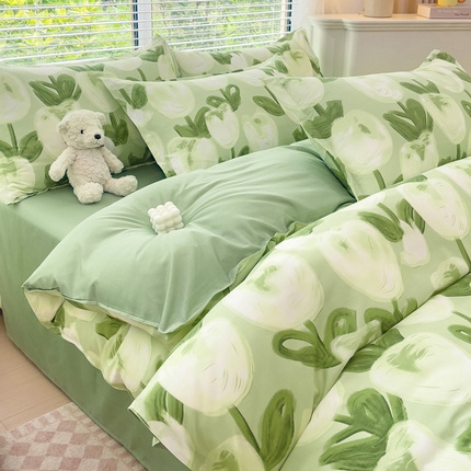 91家纺网 家纺一手货源 找家纺 布可家纺 2025新款水洗磨毛印花四件套（提供买家秀） 梨花绿