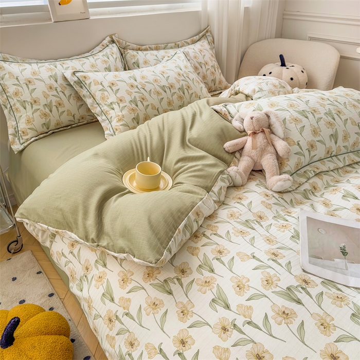 91家纺网 家纺一手货源 找家纺 雅慕家居 2024新款A类臻棉提花清新风四件套柔软亲肤 浅梦