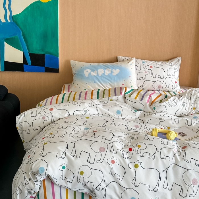 91家纺网 家纺一手货源 找家纺 时年 2024新款全棉数码大版趣味系列四件套 动物园