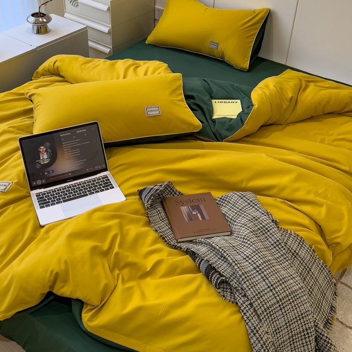 91家纺网 家纺一手货源 找家纺 蓝淋 2024新春款日式简约婴儿可以啃咬的超柔混搭水洗棉四件套 姜黄+墨绿