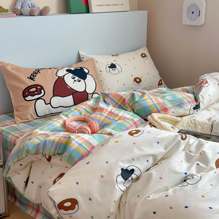 91家纺网 家纺一手货源 找家纺 时年 2024新款全棉数码大版趣味系列四件套 甜圈狗