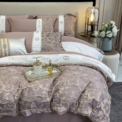 布可家纺 2025新款轻奢精致浮雕刺绣提花四件套 玫瑰-胭脂粉