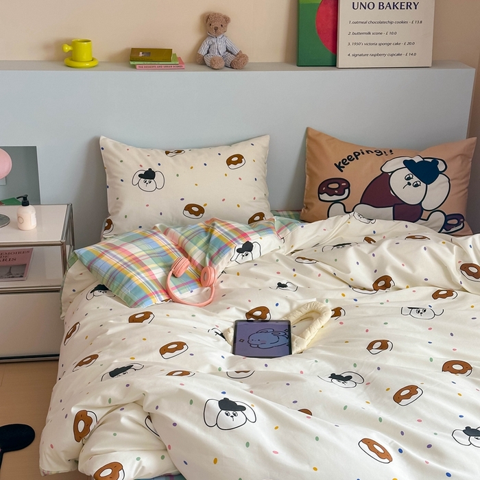 91家纺网 家纺一手货源 找家纺 时年 2024新款全棉数码大版趣味系列四件套 甜圈狗