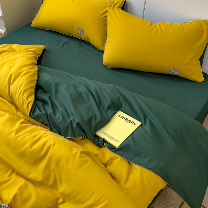 91家纺网 家纺一手货源 找家纺 蓝淋 2024新春款日式简约婴儿可以啃咬的超柔混搭水洗棉四件套 姜黄+墨绿