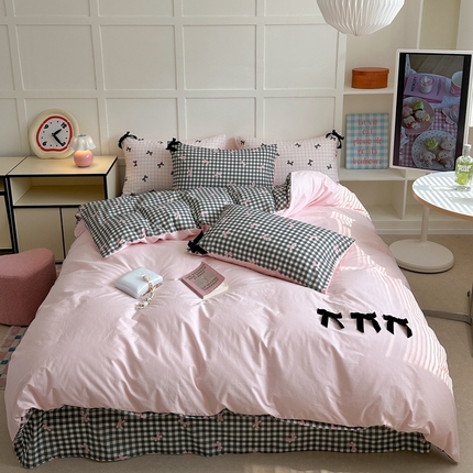 91家纺网 家纺一手货源 找家纺 柚子YOUTH 2024新款工艺蝴蝶结水洗棉四件套 蝴蝶结-黑格