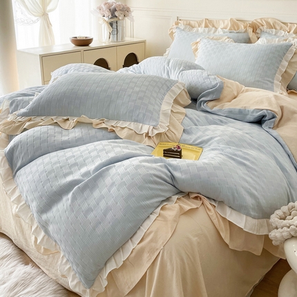 91家纺网 家纺一手货源 找家纺 布可家纺 2025新款泡泡纱水洗双层边四件套-欢乐颂系列 欢乐颂-蓝