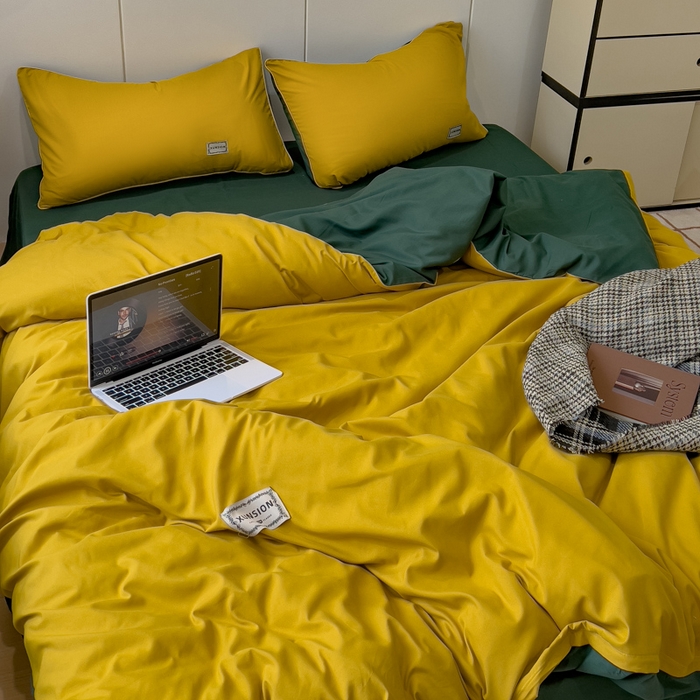 91家纺网 家纺一手货源 找家纺 蓝淋 2024新春款日式简约婴儿可以啃咬的超柔混搭水洗棉四件套 姜黄+墨绿