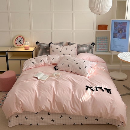 91家纺网 家纺一手货源 找家纺 柚子YOUTH 2024新款工艺蝴蝶结水洗棉四件套 蝴蝶结-粉格