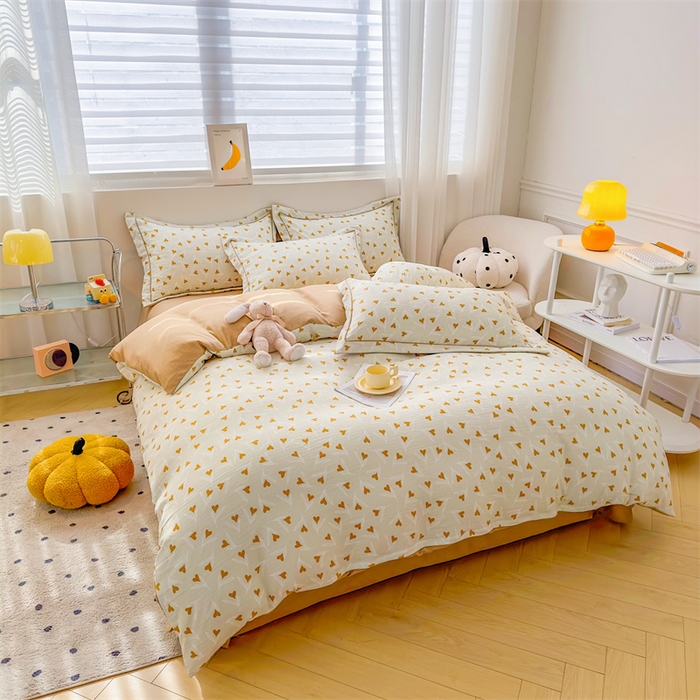 91家纺网 家纺一手货源 找家纺 雅慕家居 2024新款A类臻棉提花清新风四件套柔软亲肤 心心相印