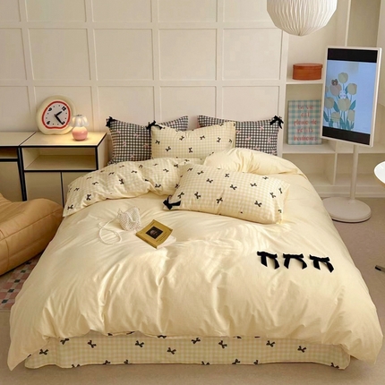 91家纺网 家纺一手货源 找家纺 柚子YOUTH 2024新款工艺蝴蝶结水洗棉四件套 蝴蝶结-黄格