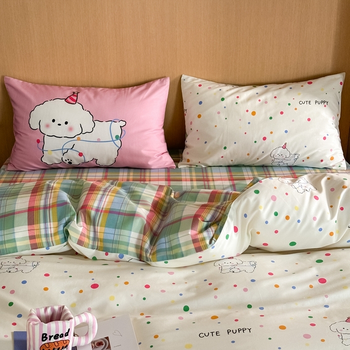 91家纺网 家纺一手货源 找家纺 时年 2024新款全棉数码大版趣味系列四件套 波点小狗