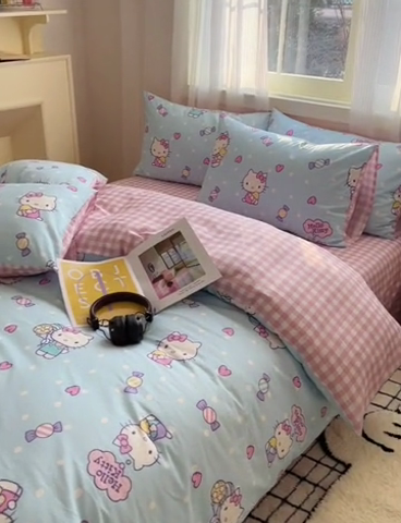 91家纺网 家纺一手货源 找家纺 星座家纺 2025新款40s全棉卡通印花四件套 甜心kt蓝