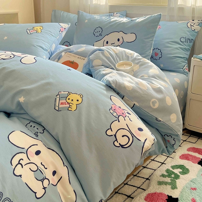 91家纺网 家纺一手货源 找家纺 星座家纺 2025新款40s全棉卡通印花四件套 波点玉桂狗