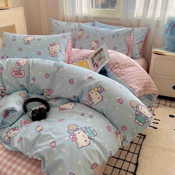 91家纺网 家纺一手货源 找家纺 星座家纺 2025新款40s全棉卡通印花四件套 甜心kt蓝