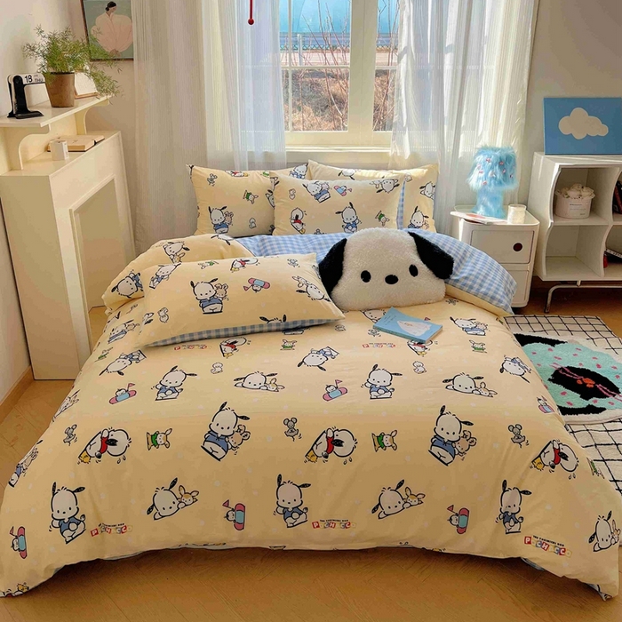 91家纺网 家纺一手货源 找家纺 星座家纺 2025新款40s全棉卡通印花四件套 格子帕恰狗