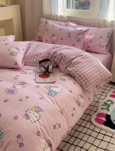 91家纺网 家纺一手货源 找家纺 星座家纺 2025新款40s全棉卡通印花四件套 甜心kt 粉