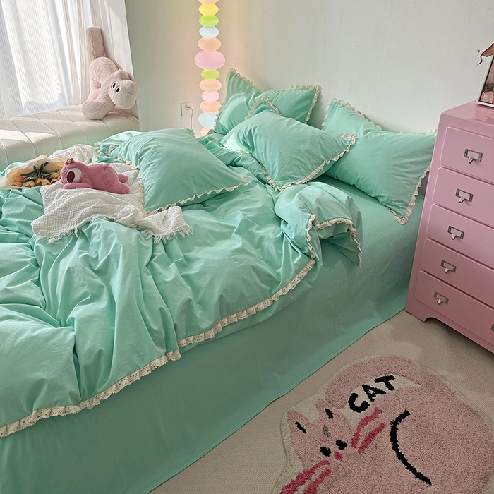 91家纺网 家纺一手货源 找家纺 千朵 2024新款全棉水洗棉四件套 薄荷绿