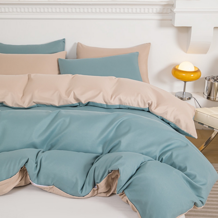 91家纺网 家纺一手货源 找家纺 莎臣豹 2025新款水洗棉磨毛纯色双拼简约风撞色单品被套 豆绿爱上卡其