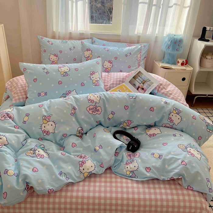 91家纺网 家纺一手货源 找家纺 星座家纺 2025新款40s全棉卡通印花四件套 甜心kt蓝