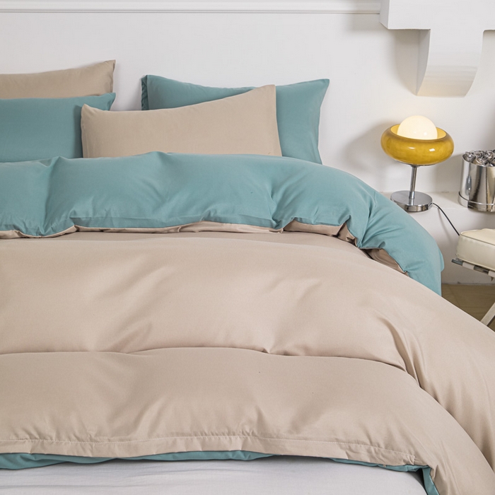 91家纺网 家纺一手货源 找家纺 莎臣豹 2025新款水洗棉磨毛纯色双拼简约风撞色单品被套 卡其爱上豆绿