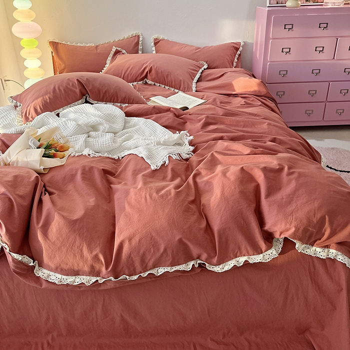 91家纺网 家纺一手货源 找家纺 千朵 2024新款全棉水洗棉四件套 胭脂红