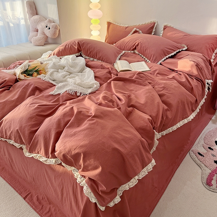 91家纺网 家纺一手货源 找家纺 千朵 2024新款全棉水洗棉四件套 胭脂红