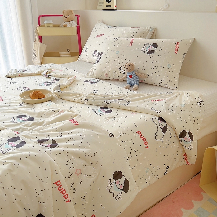 91家纺网 家纺一手货源 找家纺 木堇家居 2024新款10%大豆纤维针织棉夏被 斑点狗狗