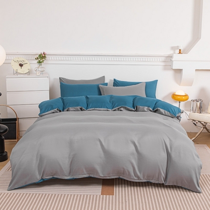 莎臣豹 2025新款水洗棉磨毛纯色双拼简约风撞色单品被套 浅灰爱上宝蓝