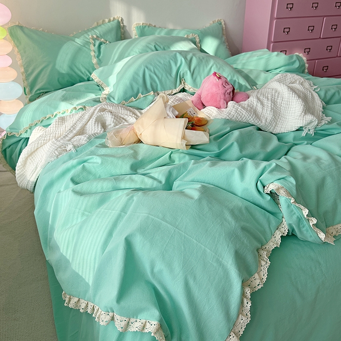 91家纺网 家纺一手货源 找家纺 千朵 2024新款全棉水洗棉四件套 薄荷绿