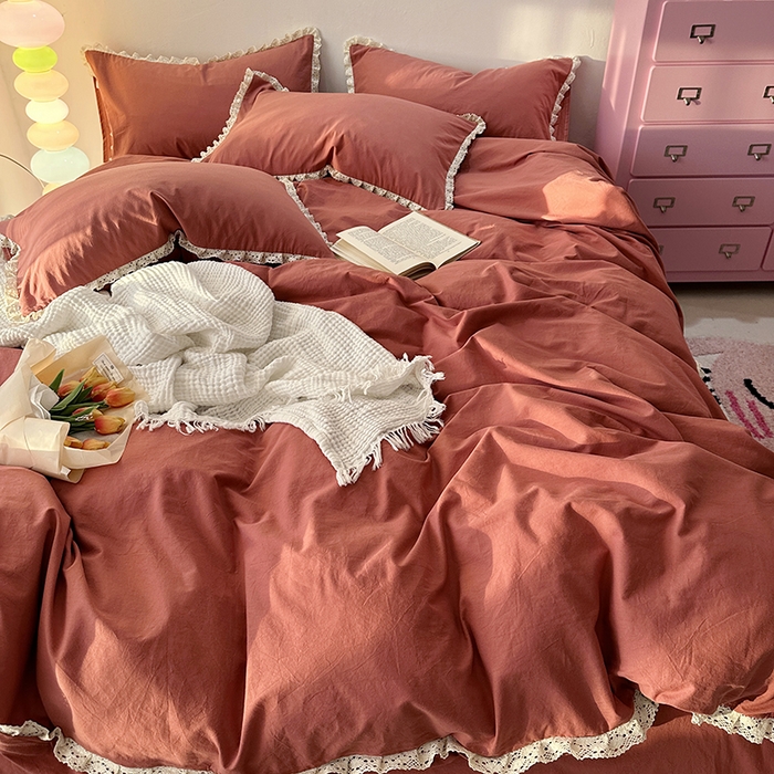 91家纺网 家纺一手货源 找家纺 千朵 2024新款全棉水洗棉四件套 胭脂红