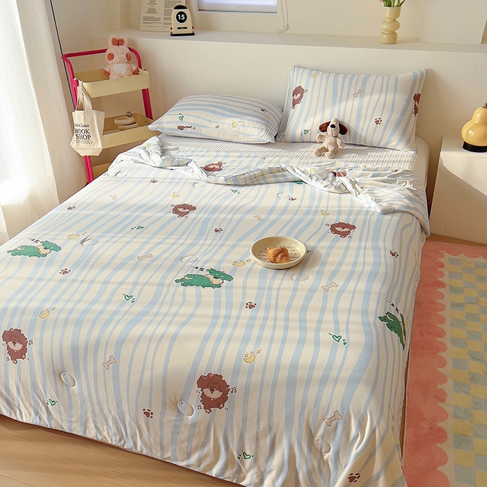 91家纺网 家纺一手货源 找家纺 木堇家居 2024新款10%大豆纤维针织棉夏被 爱心狗狗