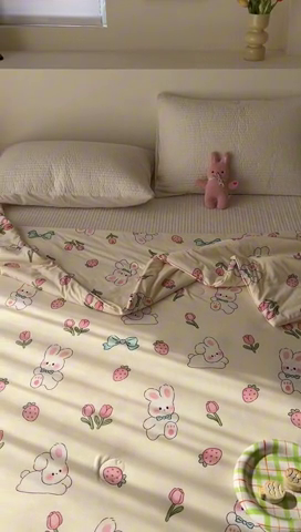 91家纺网 家纺一手货源 找家纺 木堇家居 2024新款10%大豆纤维针织棉夏被 奶油兔