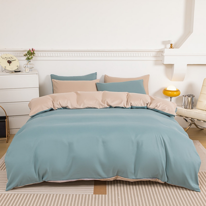 91家纺网 家纺一手货源 找家纺 莎臣豹 2025新款水洗棉磨毛纯色双拼简约风撞色单品被套 豆绿爱上卡其