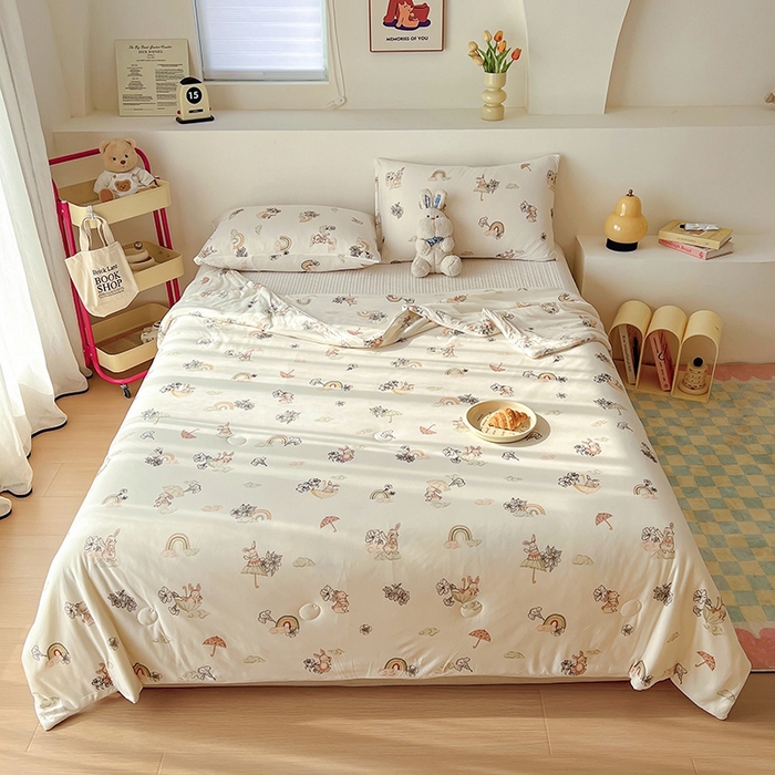 91家纺网 家纺一手货源 找家纺 木堇家居 2024新款10%大豆纤维针织棉夏被 彩虹小兔