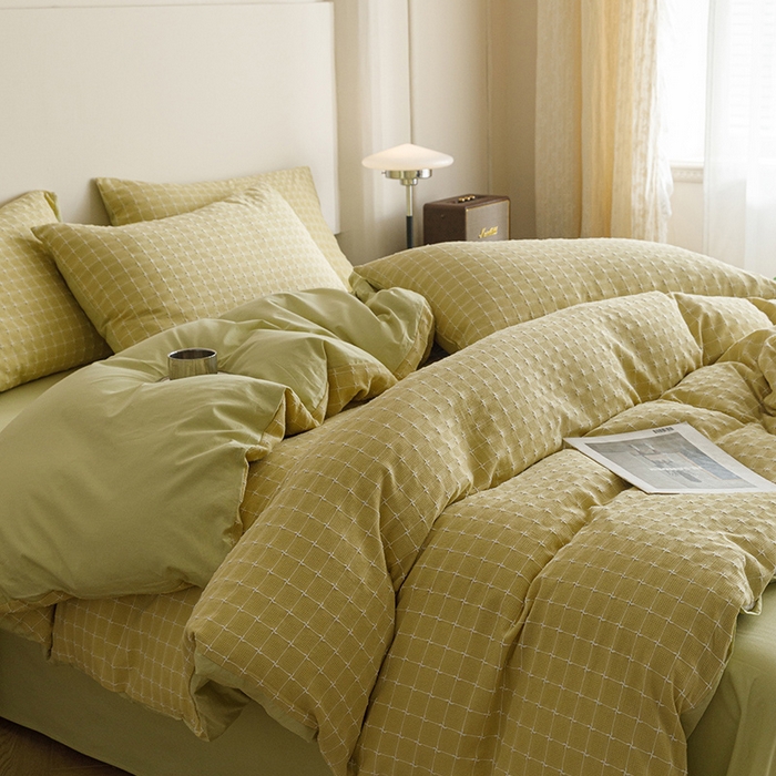 91家纺网 家纺一手货源 找家纺 蜜柚 2024新款全棉色织水洗提花四件套 月光绿