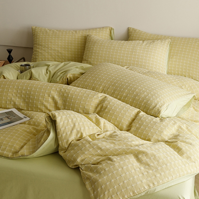 91家纺网 家纺一手货源 找家纺 蜜柚 2024新款全棉色织水洗提花四件套 月光绿