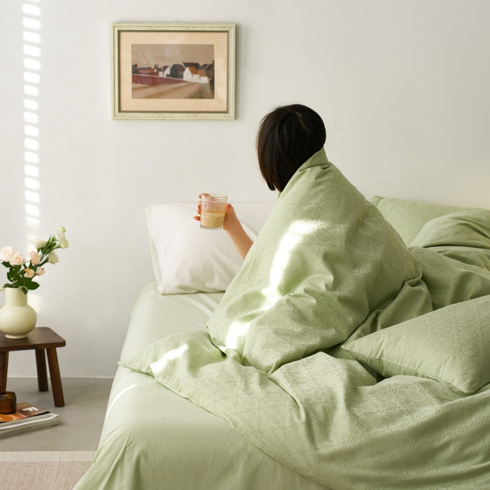 91家纺网 家纺一手货源 找家纺 AB家纺 2024新款全棉华夫格四件套 四叶草-新芽绿