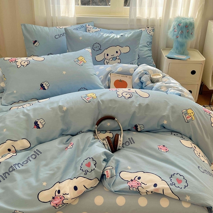 91家纺网 家纺一手货源 找家纺 星座家纺 2025新款40s全棉卡通印花四件套 波点玉桂狗