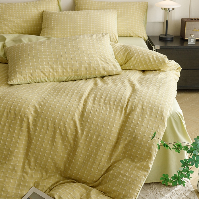 91家纺网 家纺一手货源 找家纺 蜜柚 2024新款全棉色织水洗提花四件套 月光绿