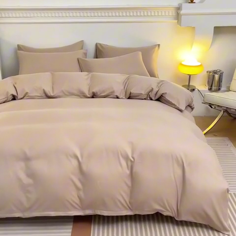 91家纺网 家纺一手货源 找家纺 莎臣豹 2025新款水洗棉磨毛纯色双拼简约风撞色单品被套 卡其