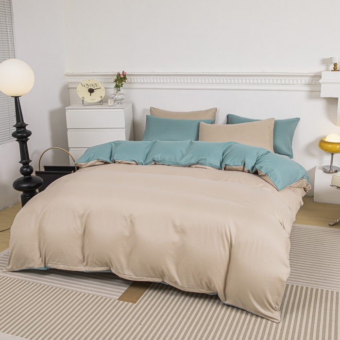 91家纺网 家纺一手货源 找家纺 莎臣豹 2025新款水洗棉磨毛纯色双拼简约风撞色单品被套 卡其爱上豆绿