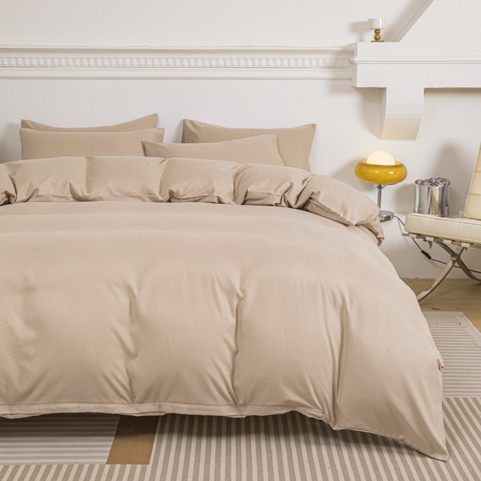 91家纺网 家纺一手货源 找家纺 莎臣豹 2025新款水洗棉磨毛纯色双拼简约风撞色单品被套 卡其